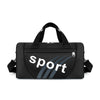 Black duffel bag with a handle featuring the word Sport in white and gray stripes.