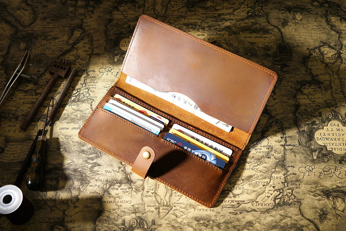 Vintage Leather Long Bifold Wallet with Snap Closure
