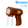 Brown bubble gun with a clear liquid cartridge and a decorative front grille.