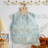 A light blue waterproof baby feeding bib with a sleeveless design featuring small pink animal illustrations.
