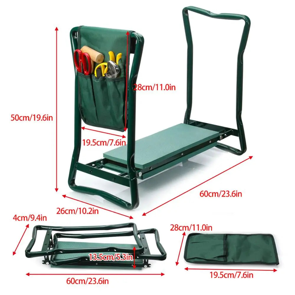 A heavy duty foldable garden kneeler seat with a green fabric and a tool pouch, shown in various configurations.