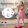 A young girl is holding a pink microphone toy with a stand and light effects, demonstrating its ability to connect multiple d