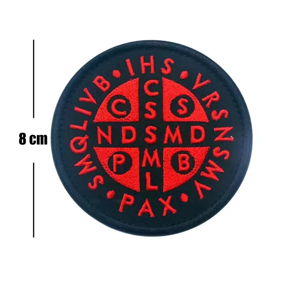 Red embroidered patch featuring the Knights Templar cross shield design with hook and loop backing