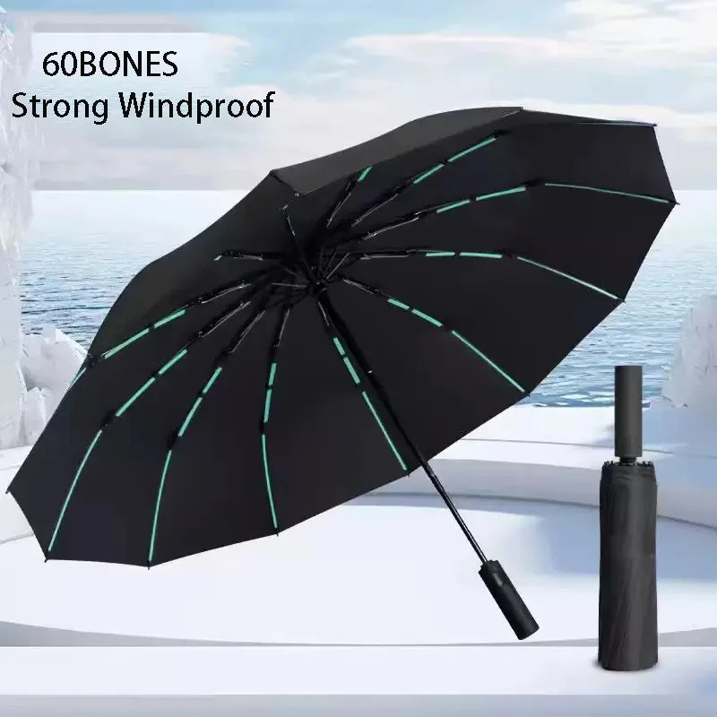 A black 60-bones strong windproof umbrella is shown open against a bright sky and white surface.