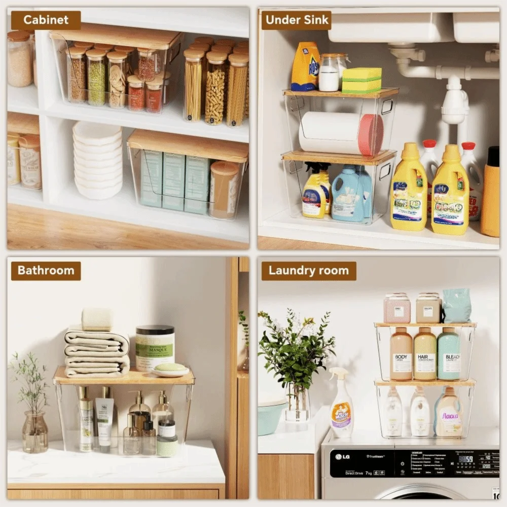 A collection of stackable clear pantry storage bins with bamboo lids displayed in a cabinet, under a sink, and a laundry room