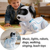A white and blue robotic dog toy is shown next to a young boy, with smaller versions displayed in a circular inset.