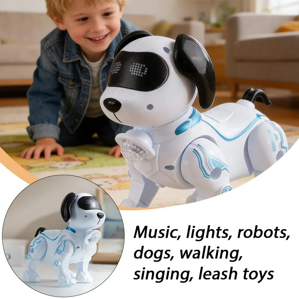 A white and blue robotic dog toy is shown next to a young boy, with smaller versions displayed in a circular inset.