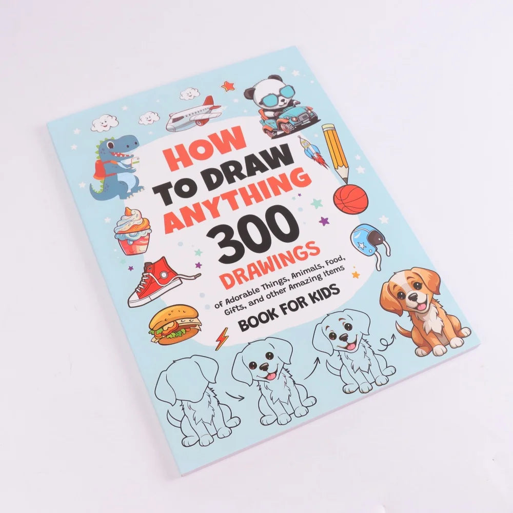 Kinderbuch "So zeichne alles: 300 Zeichnungen für Kinder" mit niedlichen Illustrationen und Tieren.