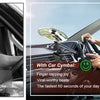 A man is driving a car with a mini drum and cymbal vent decoration installed, showing a happy expression.