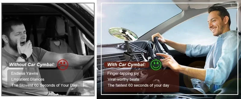 A man is driving a car with a mini drum and cymbal vent decoration installed, showing a happy expression.