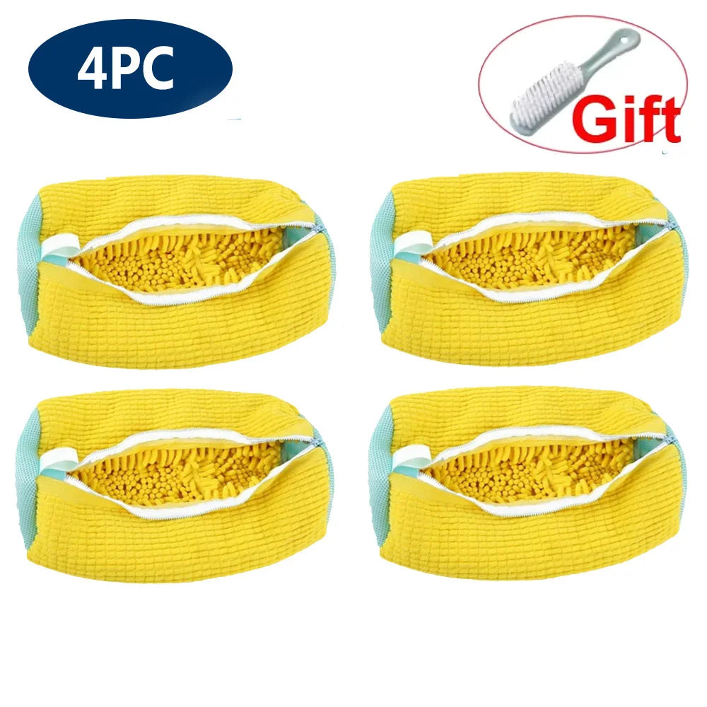 Four yellow reusable mesh laundry bags for shoes, packaged as a gift.
