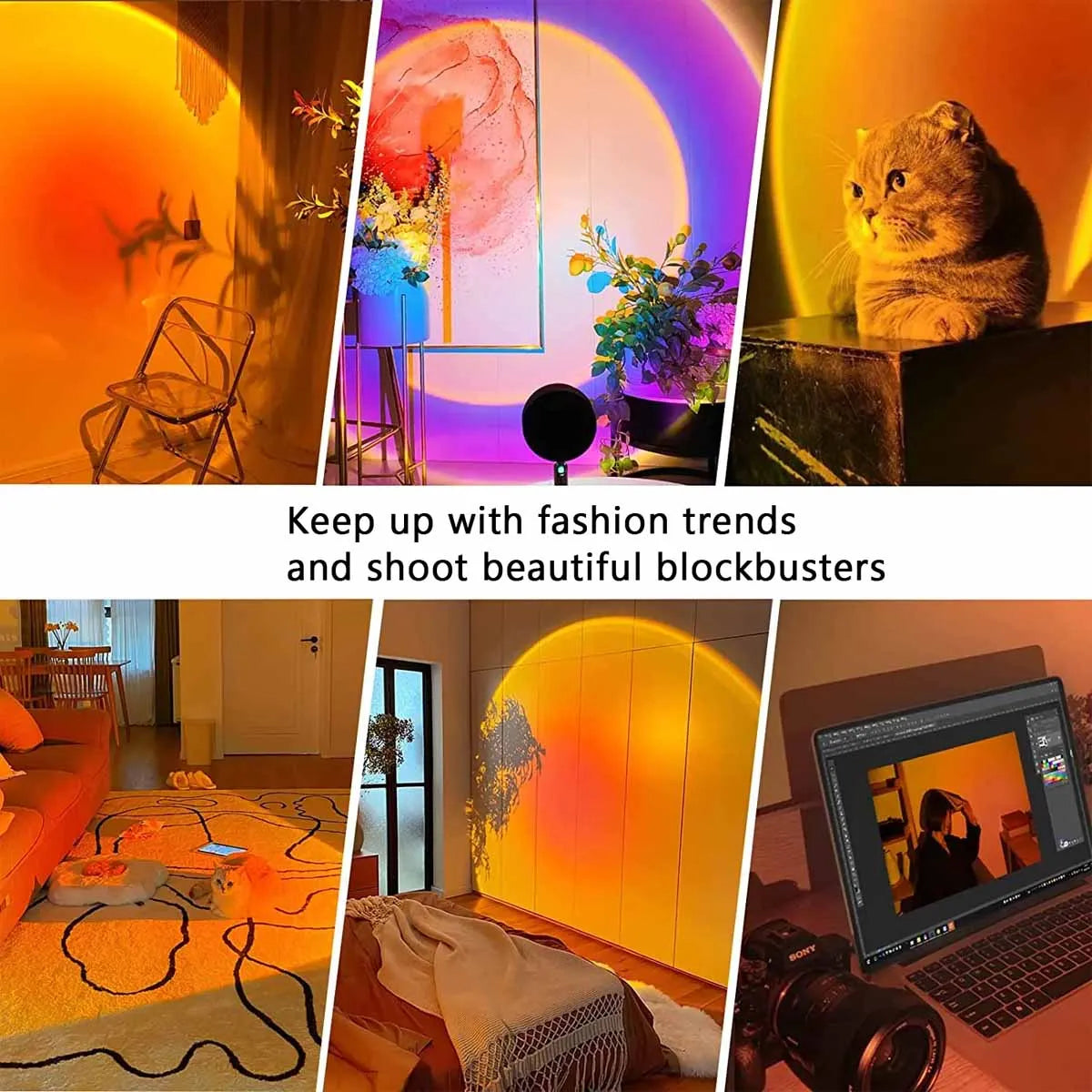 A collection of artistic photography and indoor scenes illuminated by a USB sunset projection light.