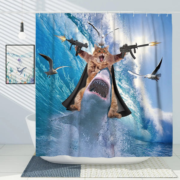 A shower curtain featuring a cute sea cat riding a shark in the water with splashing waves.
