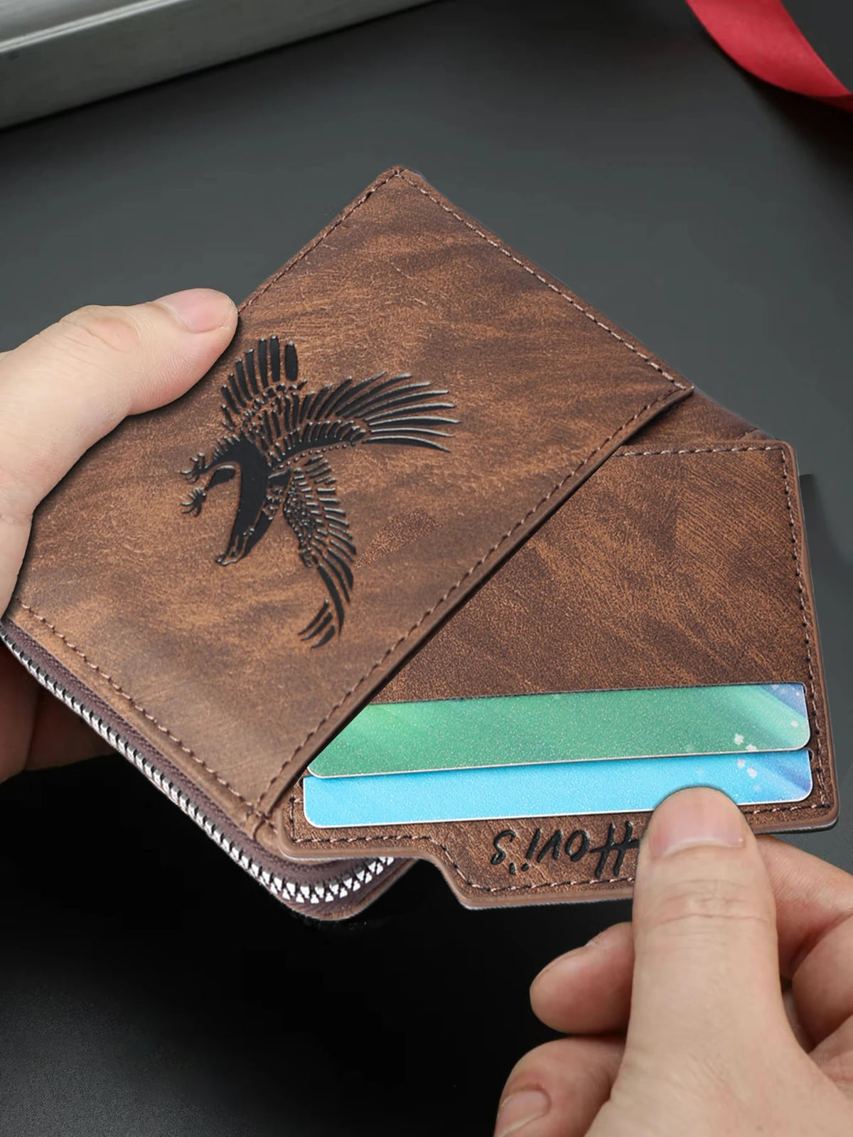 HOVIS Men's Slim Leather Wallet with Eagle Emboss and Zip Closure