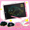 A pink LCD writing tablet featuring a dinosaur design, a stylus, and accessories for erasing and locking.