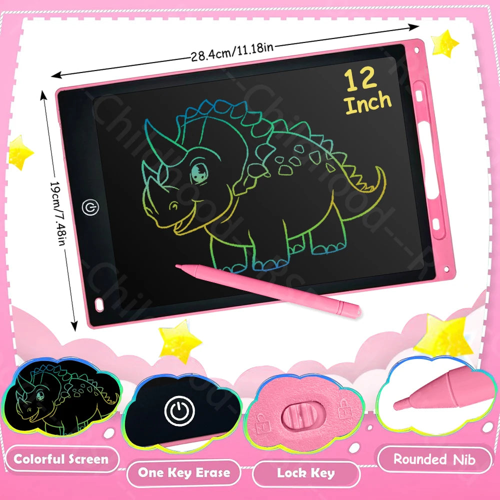 A pink LCD writing tablet featuring a dinosaur design, a stylus, and accessories for erasing and locking.