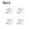 A set of four clear self-adhesive curtain rod hooks packaged in individual plastic holders.