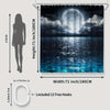 A dark blue shower curtain featuring a glowing planet and ocean waves, with 12 free hooks included.