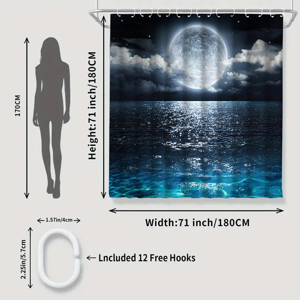 A dark blue shower curtain featuring a glowing planet and ocean waves, with 12 free hooks included.