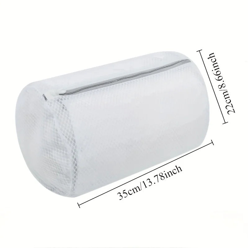 White mesh shoe washing bag with a zipper closure shown from the side.