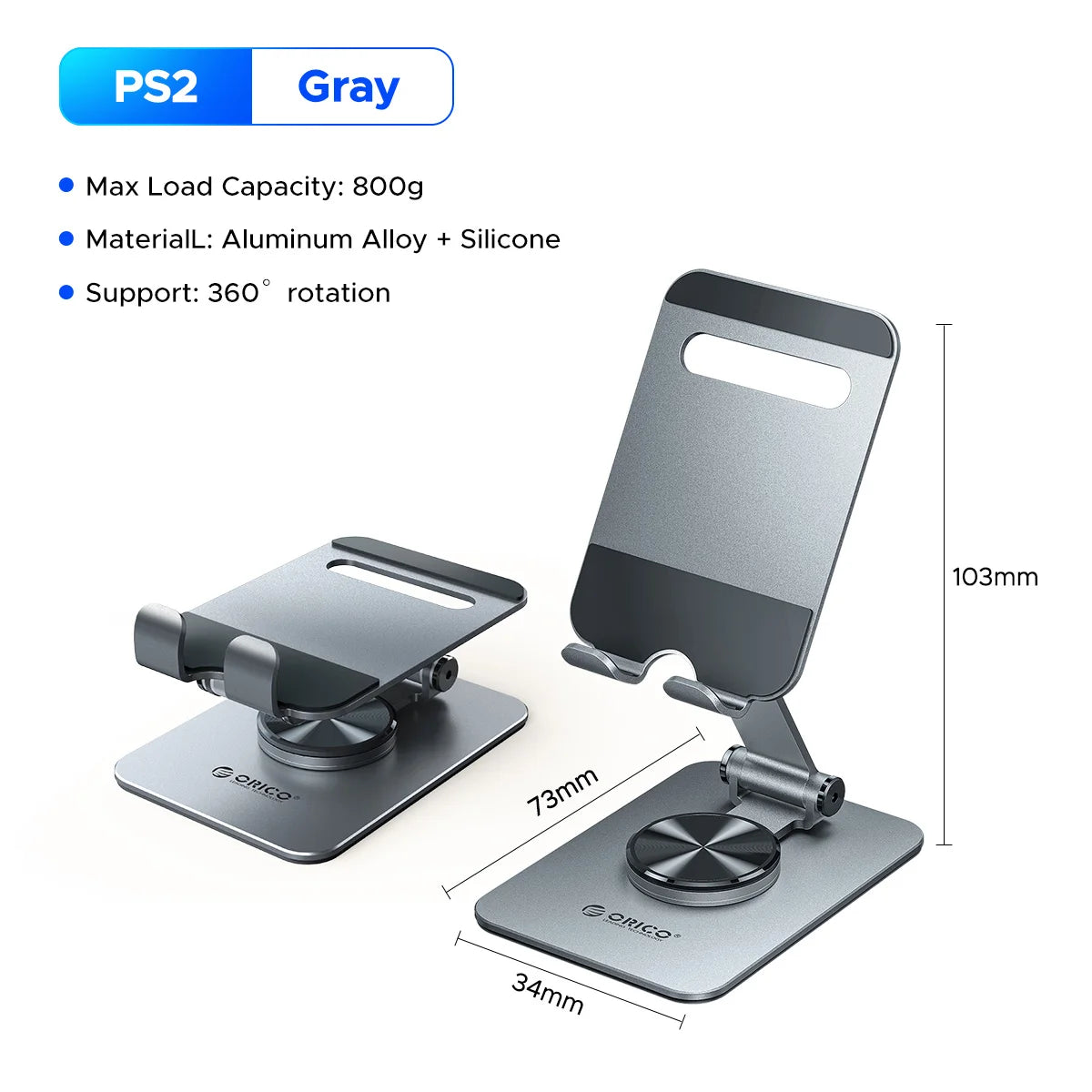 Gray aluminum phone stand with a rotating base and adjustable angle.