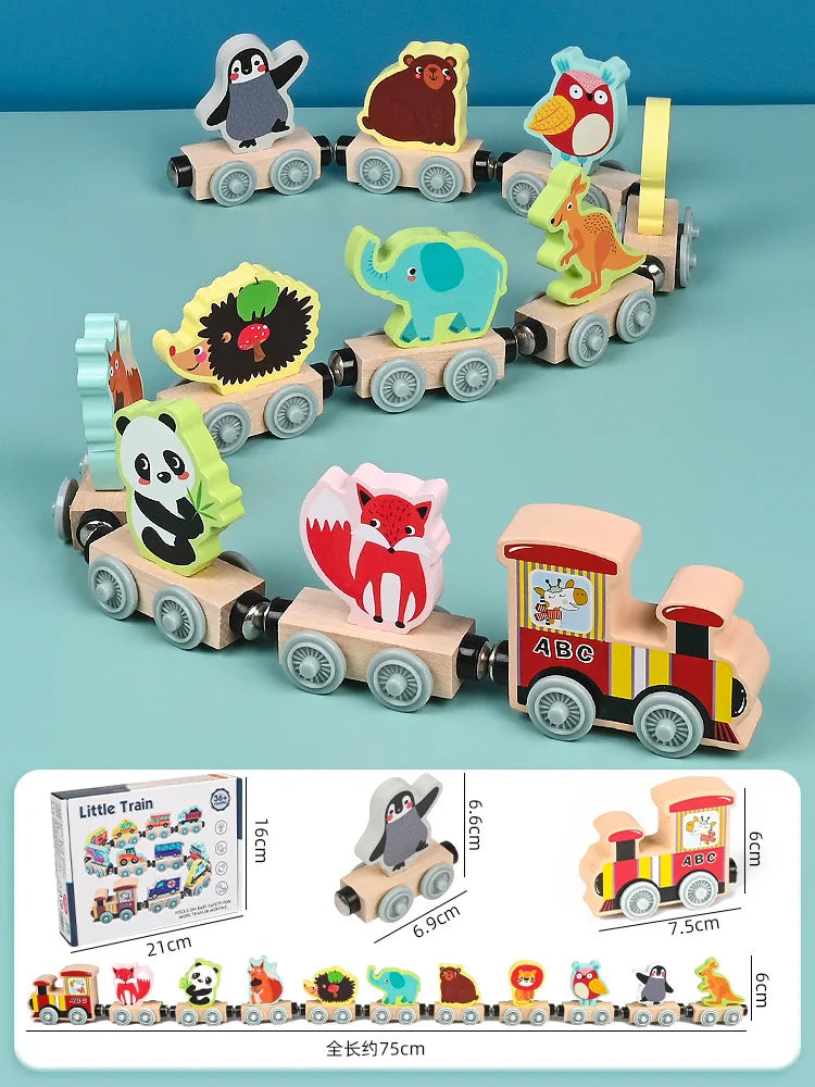 Montessori Magnetic Wooden Train Set with Animal & Vehicle Carriages