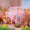 A pink foldable play castle tent with colorful animal figures and plants set up indoors.