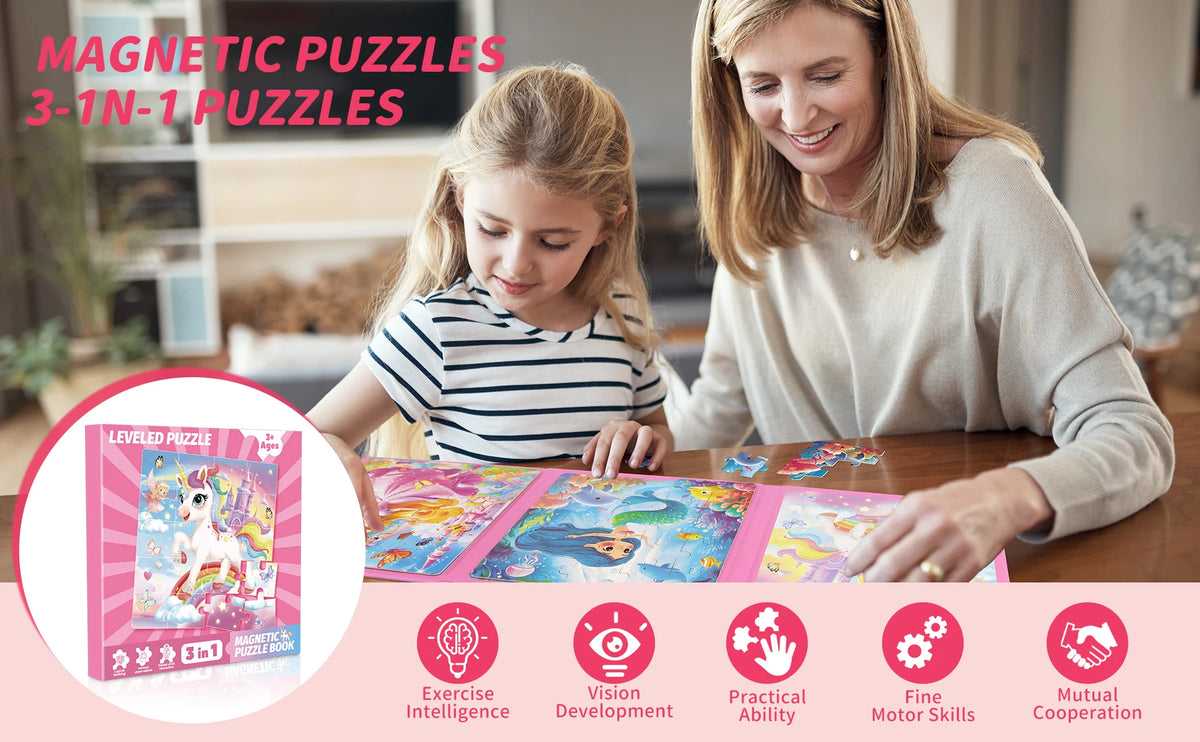 A girl and woman play with magnetic puzzles featuring unicorn and mermaid princesses for exercise and skill development.