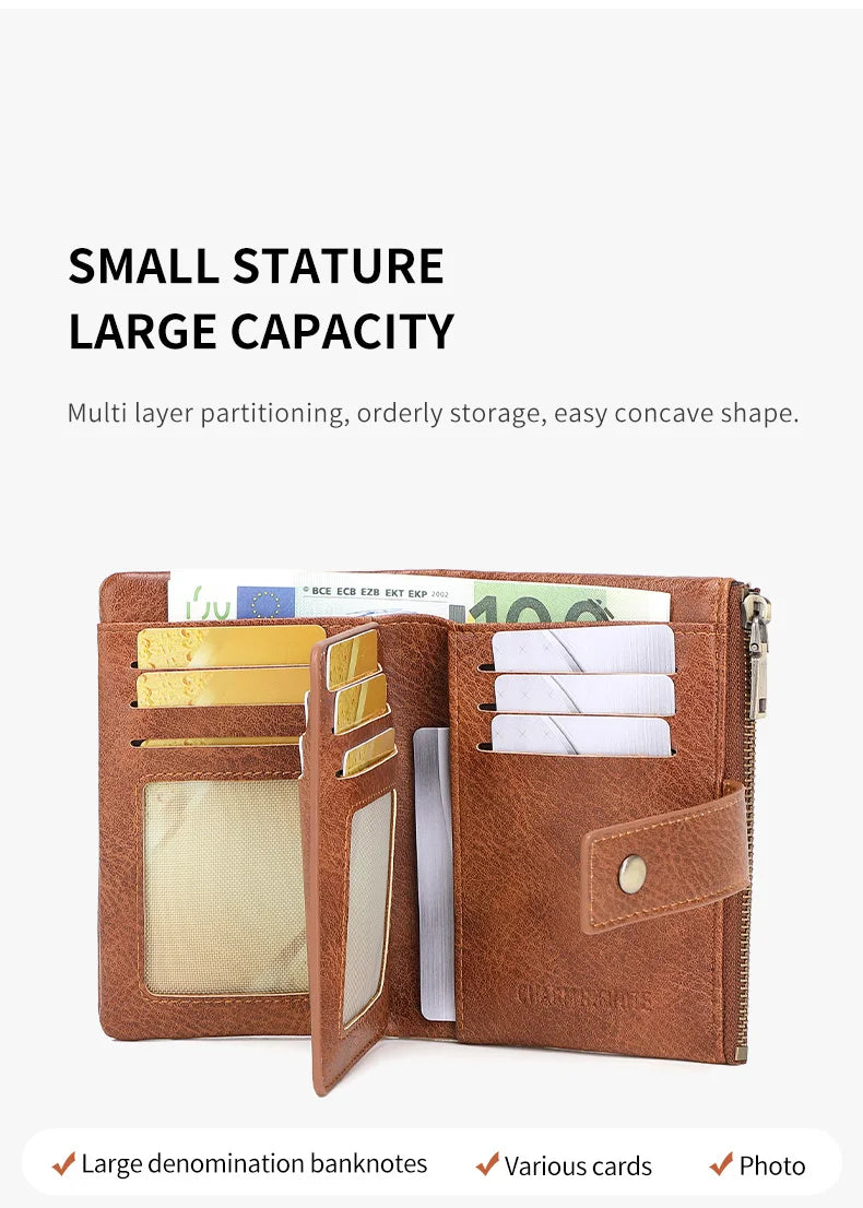 Vintage RFID-Blocking Triple-Fold Wallet with Double Zipper