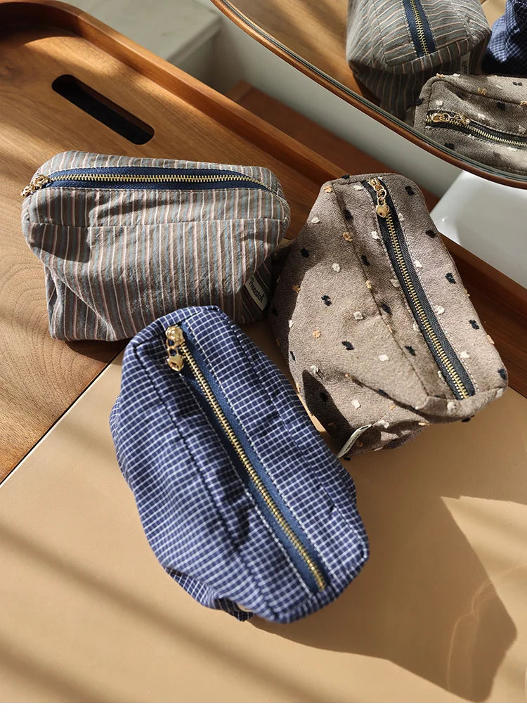 Checkered Striped Cosmetic Bag – Compact Travel Organizer