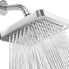 A chrome rainfall shower head with multiple nozzles spraying water down.