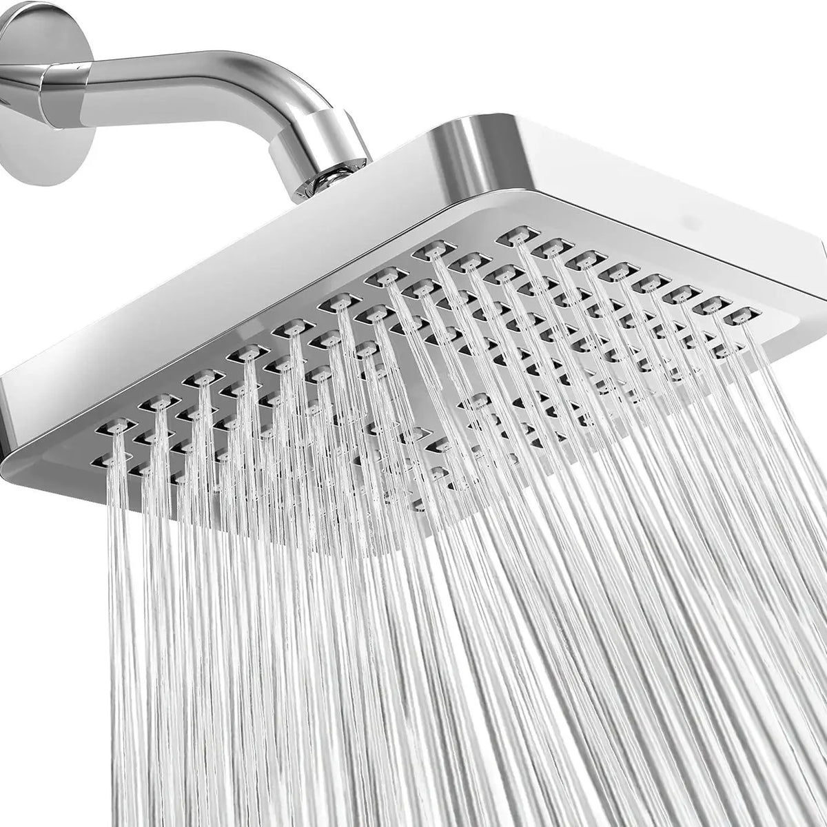 A chrome rainfall shower head with multiple nozzles spraying water down.
