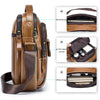 A brown men's genuine leather crossbody shoulder bag showing various compartments and features.