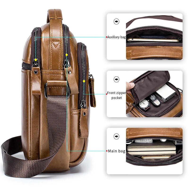 A brown men's genuine leather crossbody shoulder bag showing various compartments and features.