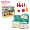 A Stomple Family Kitchen set featuring a green cabinet and various red cooking utensils and food items.