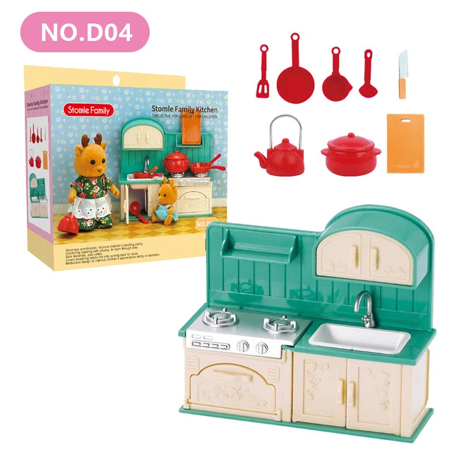 A Stomple Family Kitchen set featuring a green cabinet and various red cooking utensils and food items.