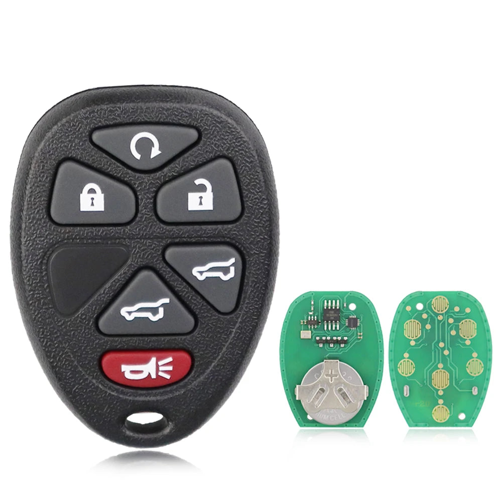A black replacement remote key fob with buttons and two green circuit boards for vehicle keys.