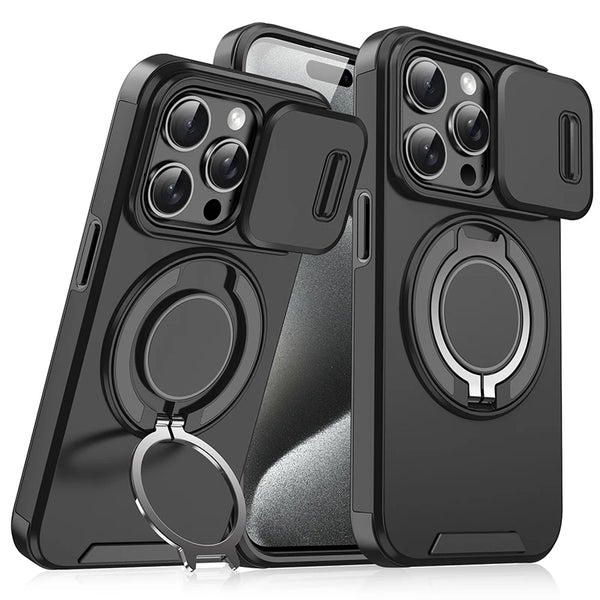 Schwarzes Handy-Cover mit rotierender Ringhalterung, mehreren Objektiven und Schutzabdeckung.