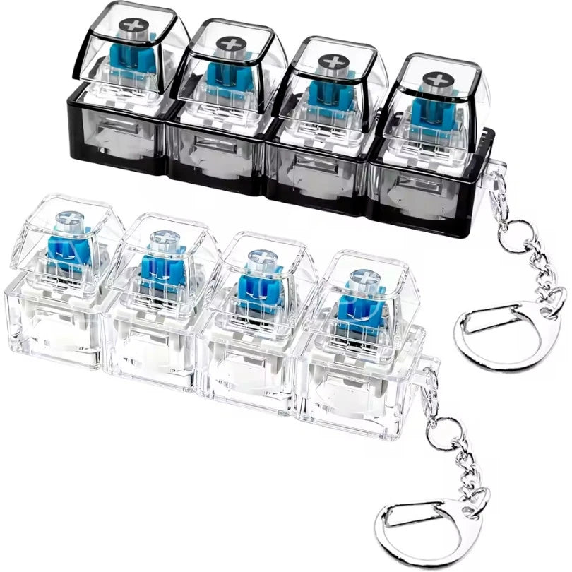 A set of clear LED macaron keyboard fidget toys attached to a silver keychain.