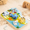 A wooden farm animal assembly toy featuring various animals and tools like a screwdriver and wrench on a light blue backgroun