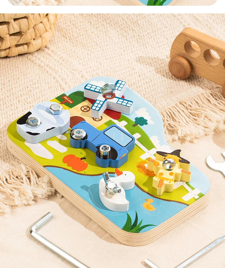A wooden farm animal assembly toy featuring various animals and tools like a screwdriver and wrench on a light blue backgroun
