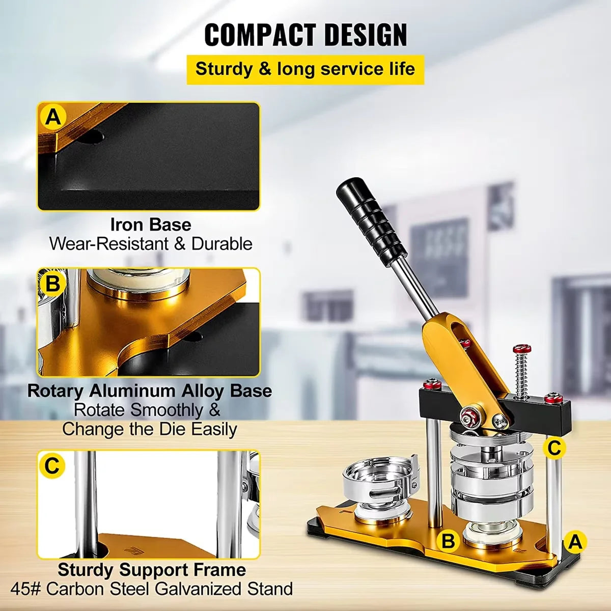 A set of button maker machine components including an iron base, rotary aluminum alloy base, and a sturdy support frame.