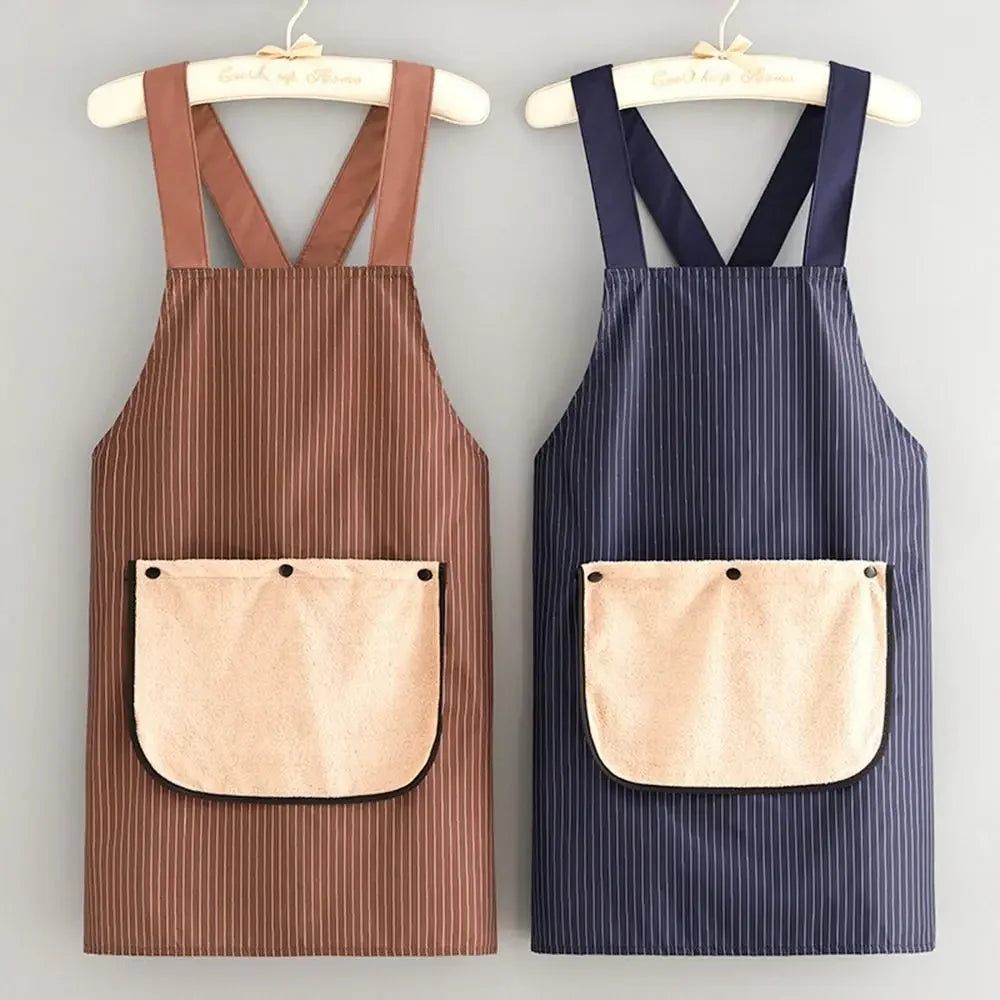 A brown striped waterproof kitchen apron with a removable tan towel hanging on a wooden hanger.