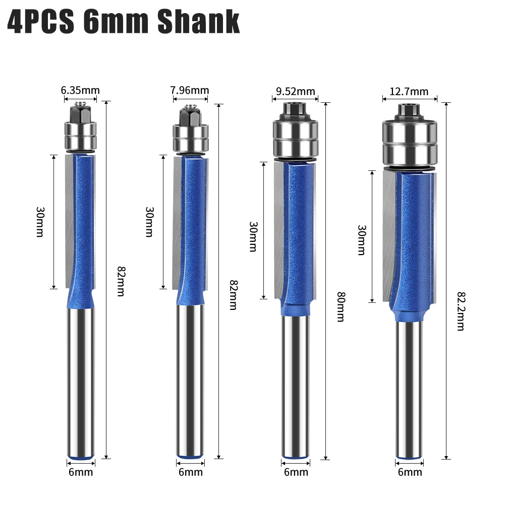 Flush Trim Router Bits with Dual Bearings – Set of 4 Sizes