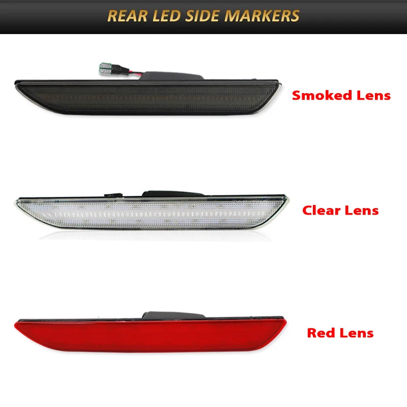 Three types of LED rear side markers are shown: smoked, clear, and red lenses.