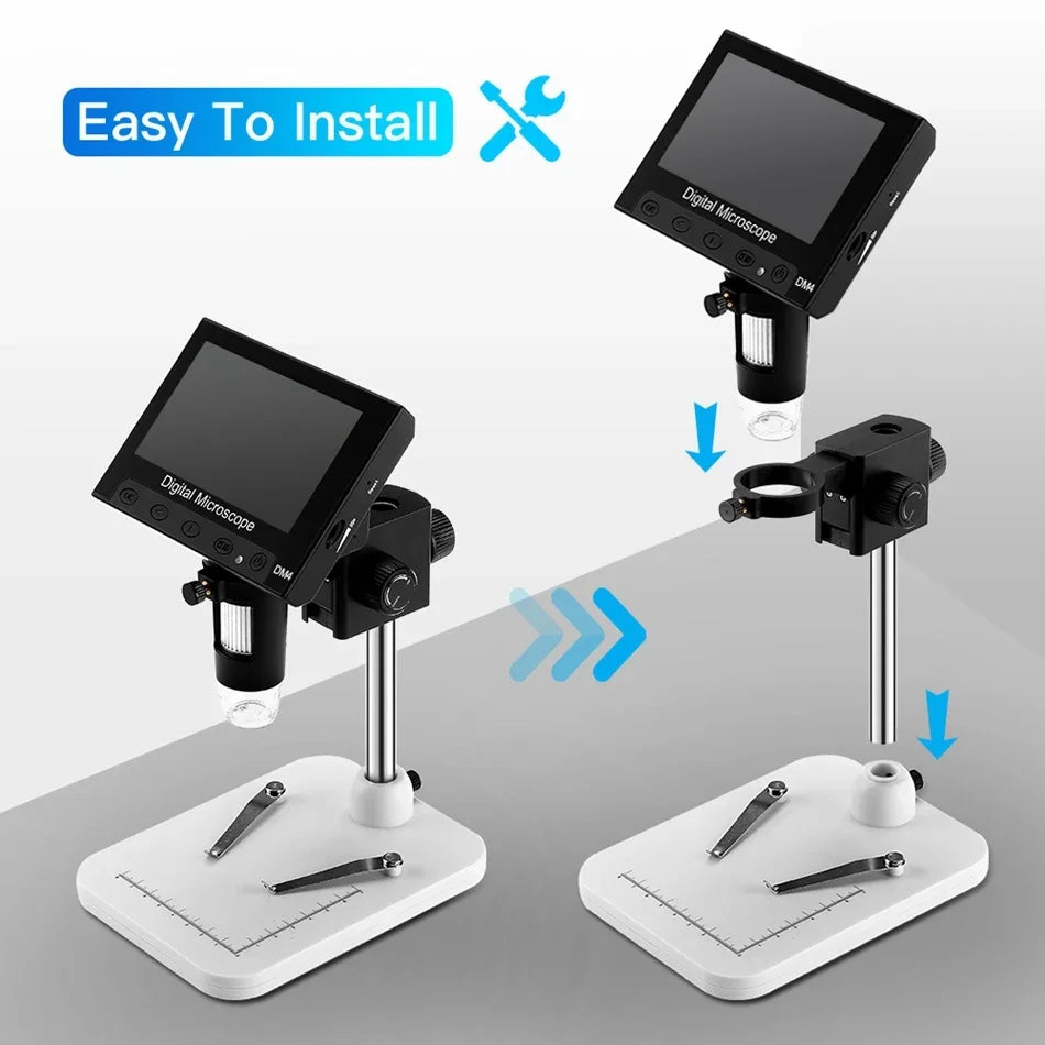 A digital microscope setup showing a device mounted on a stand for detailed inspection and soldering work.