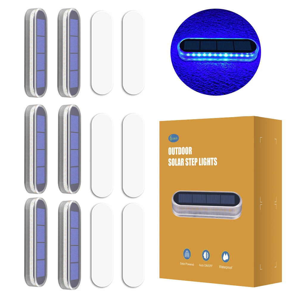 A set of outdoor solar step lights in a cardboard box showing various light designs and features.