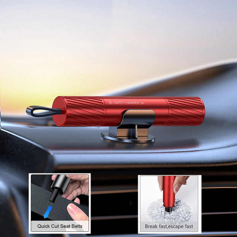 A red safety hammer tool is shown next to a car interior, demonstrating its use for cutting seat belts.