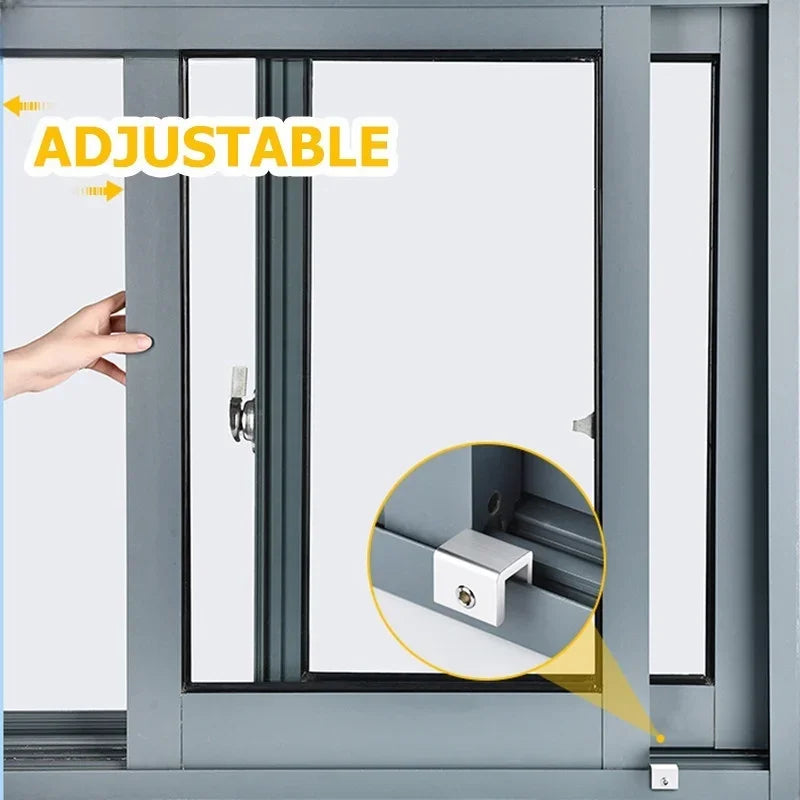 A hand adjusts an adjustable aluminum alloy sliding window lock with a hex key on a gray window frame.