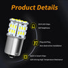 A silver LED light bulb assembly with multiple bright yellow LEDs and text detailing features like 3014 LED chips and high te